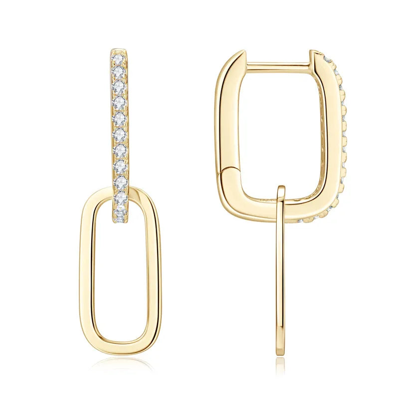 Gold geometric moissanite drop earrings with link design and pave stones.