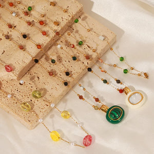 Gemstone Cascade Layered Necklace with gold chain and colorful beads in Styles A, B, and C.