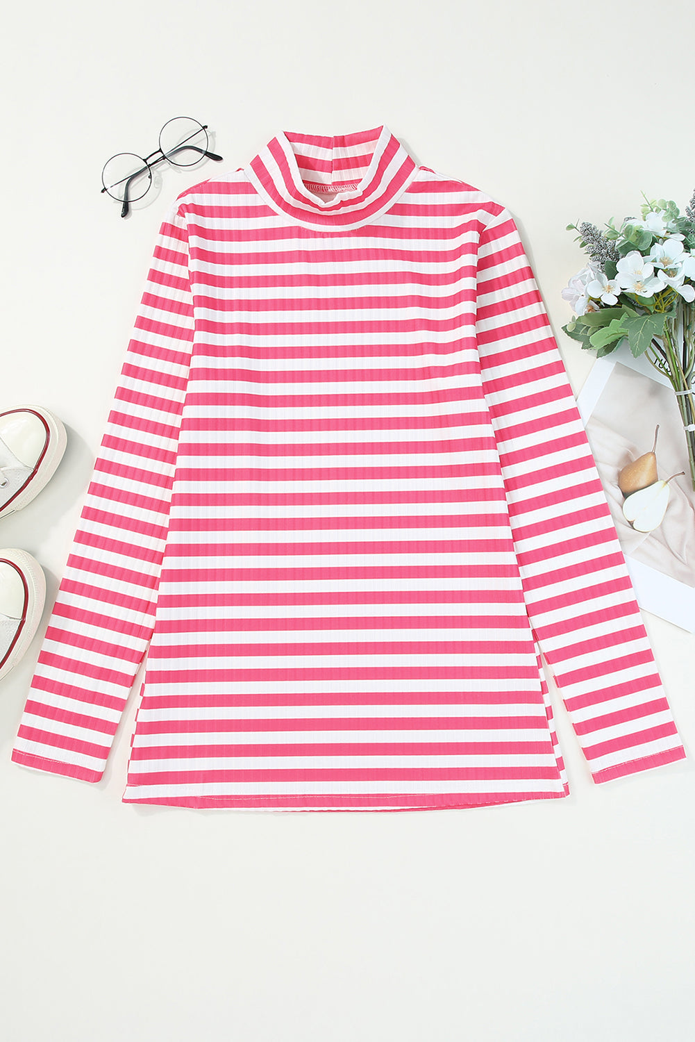 Ribbed stripe slim-fit turtleneck sweater in carnation pink and white.