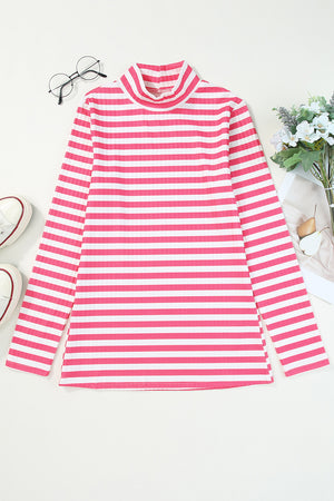 Ribbed stripe slim-fit turtleneck sweater in carnation pink and white.