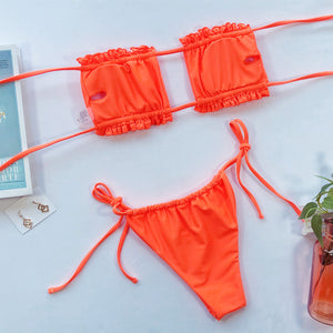 Orange polka dot ruffle bandeau bikini set with tie sides