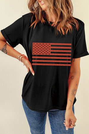 Black glittered Americana flag tee with short sleeves and a crew neck.