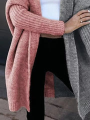 Two-tone hooded knit cardigan in Dusty Pink and Gray acrylic with ribbed sleeves and hem.