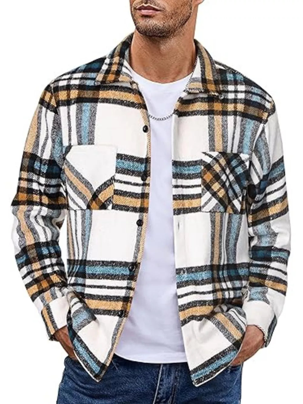 Men's plaid button-up shirt in white, brown, black, and blue cotton with two chest pockets.