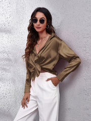 Silken button-down shirt in mocha with a knotted front and collared neckline.
