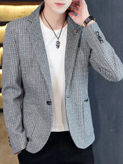 Men's gray micro-plaid slim fit blazer with button closure and notched lapels.