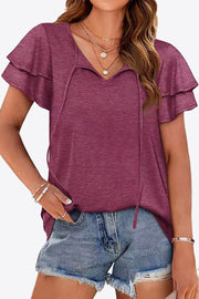 Tiered sleeve keyhole blouse in Wine with V-neck and tie detail