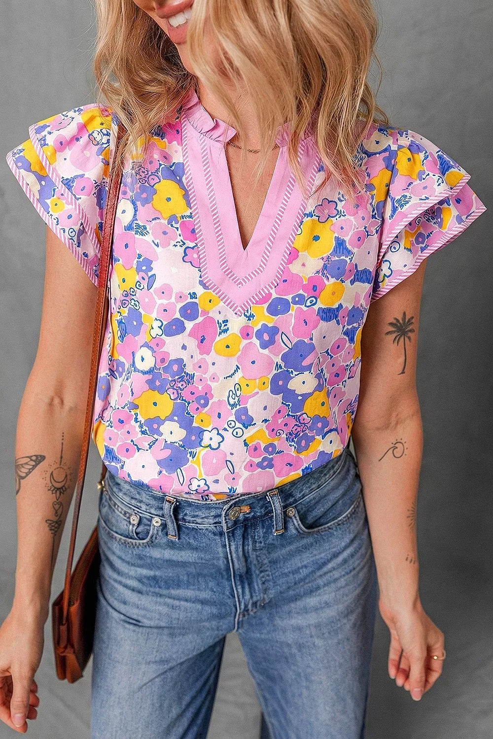 Floral Print Striped Color Block V Neck Blouse, front view