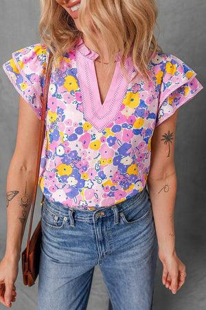 Floral Print Striped Color Block V Neck Blouse, front view