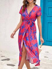 Floral Surplice Midi Dress With Tie Waist