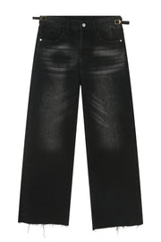 Dark wash denim barrel leg jeans with distressed details and adjustable buckle waistbands.
