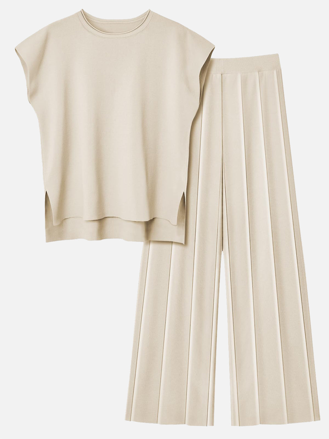 Beige seamed knit co-ord set with a cap-sleeve top and wide-leg pants.