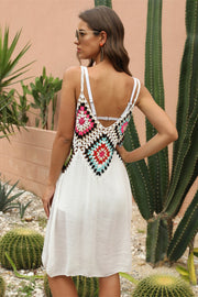 White crochet yoke cover-up dress with colorful boho pattern detail