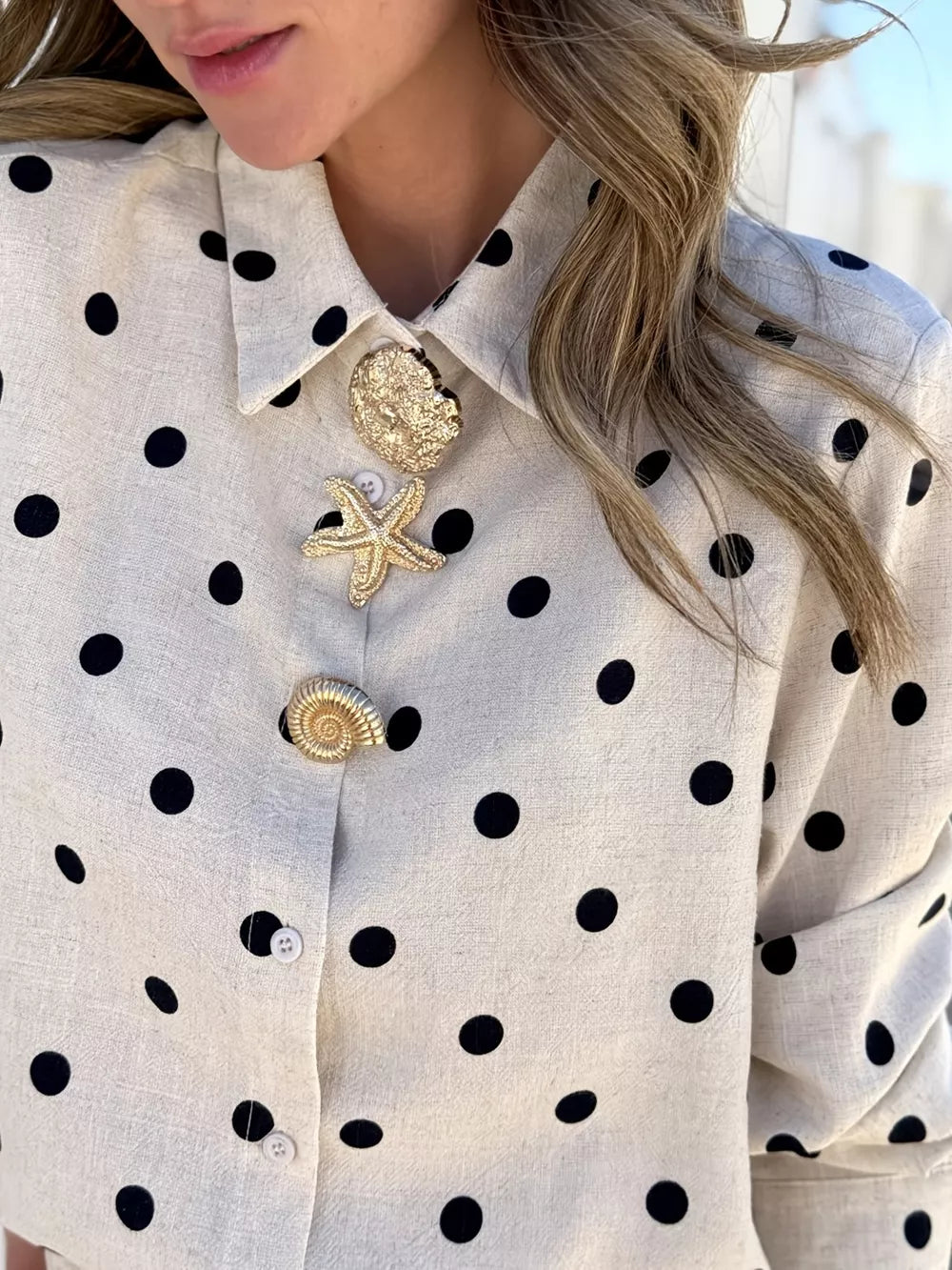 Polka Dot Button Up Shirt in Beige, side view