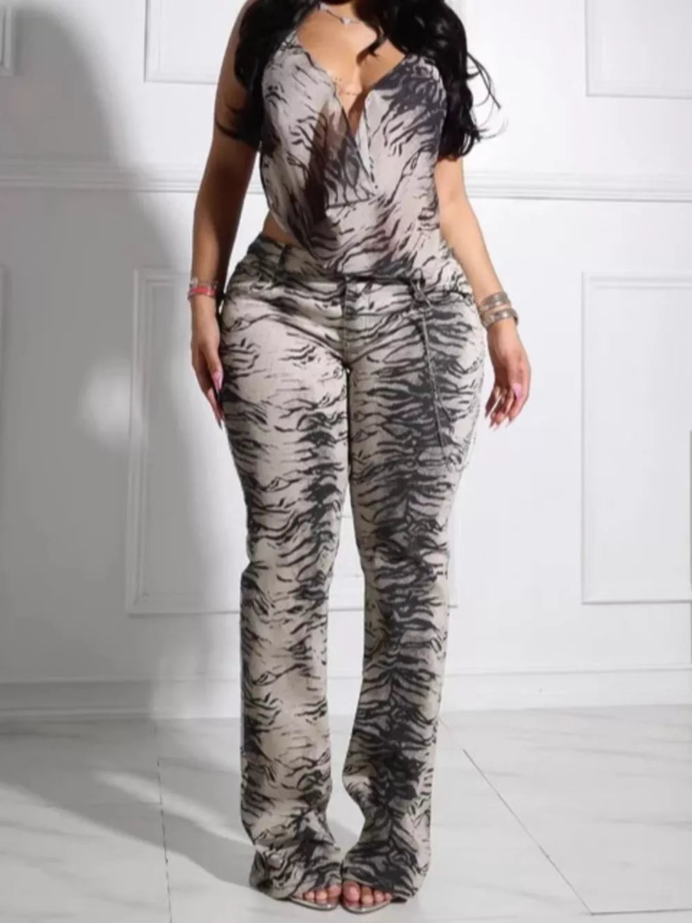 Animal Print Sleeveless Top And Pants Set in Zebra, front view