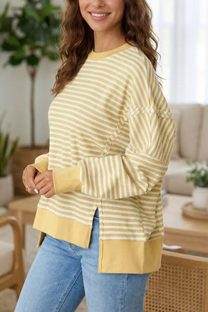 Stripe Textured Knit Color Block Long Sleeve Top in Blush Pink, close-up detail