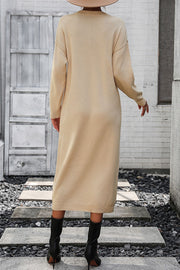 Beige textured knit henley midi dress with long sleeves and a crew neck.