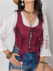 Cerise suede fringe corset vest with lace-up front detail