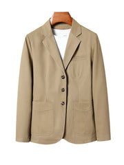 Khaki cotton lapel blazer for men with two button closure and patch pockets.