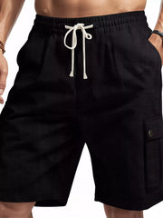 Black cargo shorts for men with drawstring waist and textured fabric.