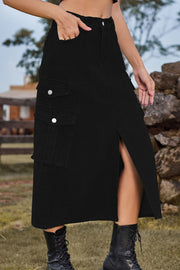 Black denim midi skirt with cargo pockets and front slit