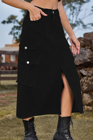Black denim midi skirt with cargo pockets and front slit