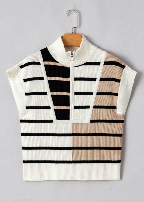 Colorblock ribbed zip polo with short sleeves and mock neck in white, black, and tan stripes.