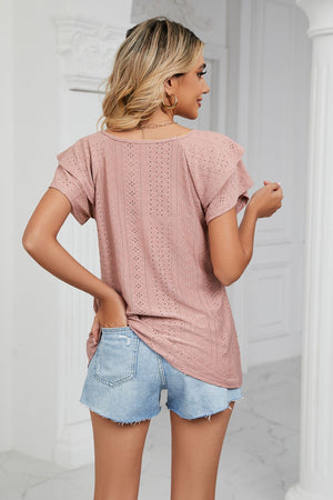 Blush pink eyelet knit v-neck blouse with flutter sleeves.