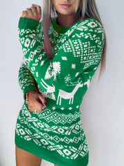 Green knit mini dress with white Fair Isle reindeer and snowflake pattern.