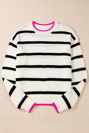Contrast Trim Breton Knit sweater in stripe with black horizontal stripes and hot pink trim.
