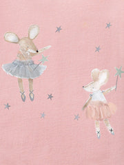 Toddler tee in blush pink with whimsical mouse ballerinas and stars print.