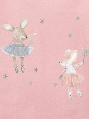Toddler tee in blush pink with whimsical mouse ballerinas and stars print.