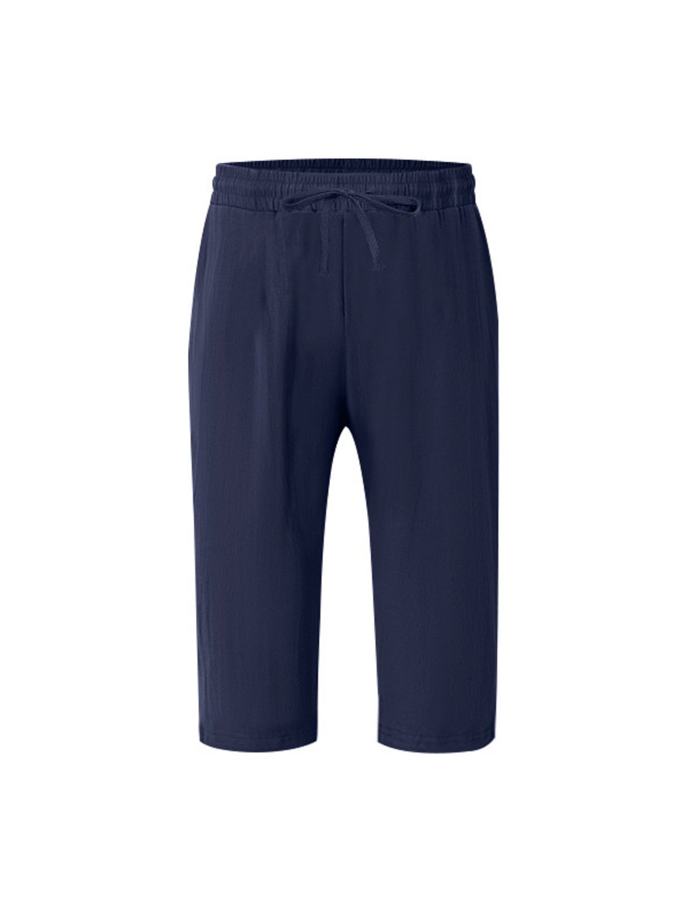 Navy relaxed fit drawstring cropped sweatpants with a casual, loose cut.