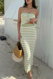 Green and white striped ribbed knit bandeau top and midi skirt set