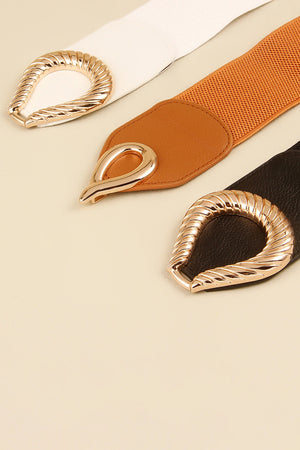 Elasticated waist belts in black, caramel, and white with sculpted gold-tone alloy buckles.