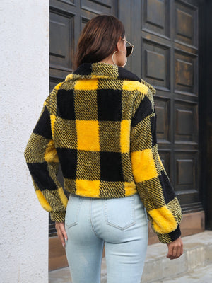 Textured plaid teddy crop jacket in gold and black with a buttoned front and collar.