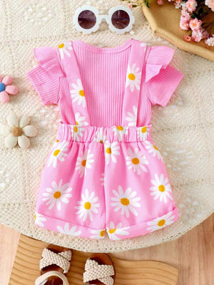 Pink ribbed ruffle sleeve top with daisy print overalls and shorts set