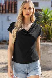 Black cowl neck cap-sleeve tee with a relaxed fit.