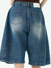 Men's blue denim wide-leg shorts with button fly and back pockets.