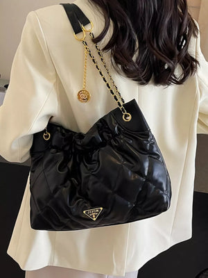 Ruched Leather Shoulder Bag in Black, close-up detail