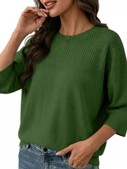 Elegant Crew Neck Eyelet Ribbed Sweater in Pink, view 19