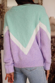 Chevron colorblock knit pullover sweater in lavender, mint green, and white acrylic.