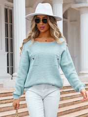 Air Force Blue textured knit sweater with button detail pockets and scoop neck.