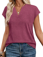 Burgundy heathered short-sleeve t-shirt with notched V-neck and relaxed fit.