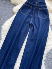 Dark wash maternity jeans with high-rise and wide leg, featuring contrast stitching and back pockets.