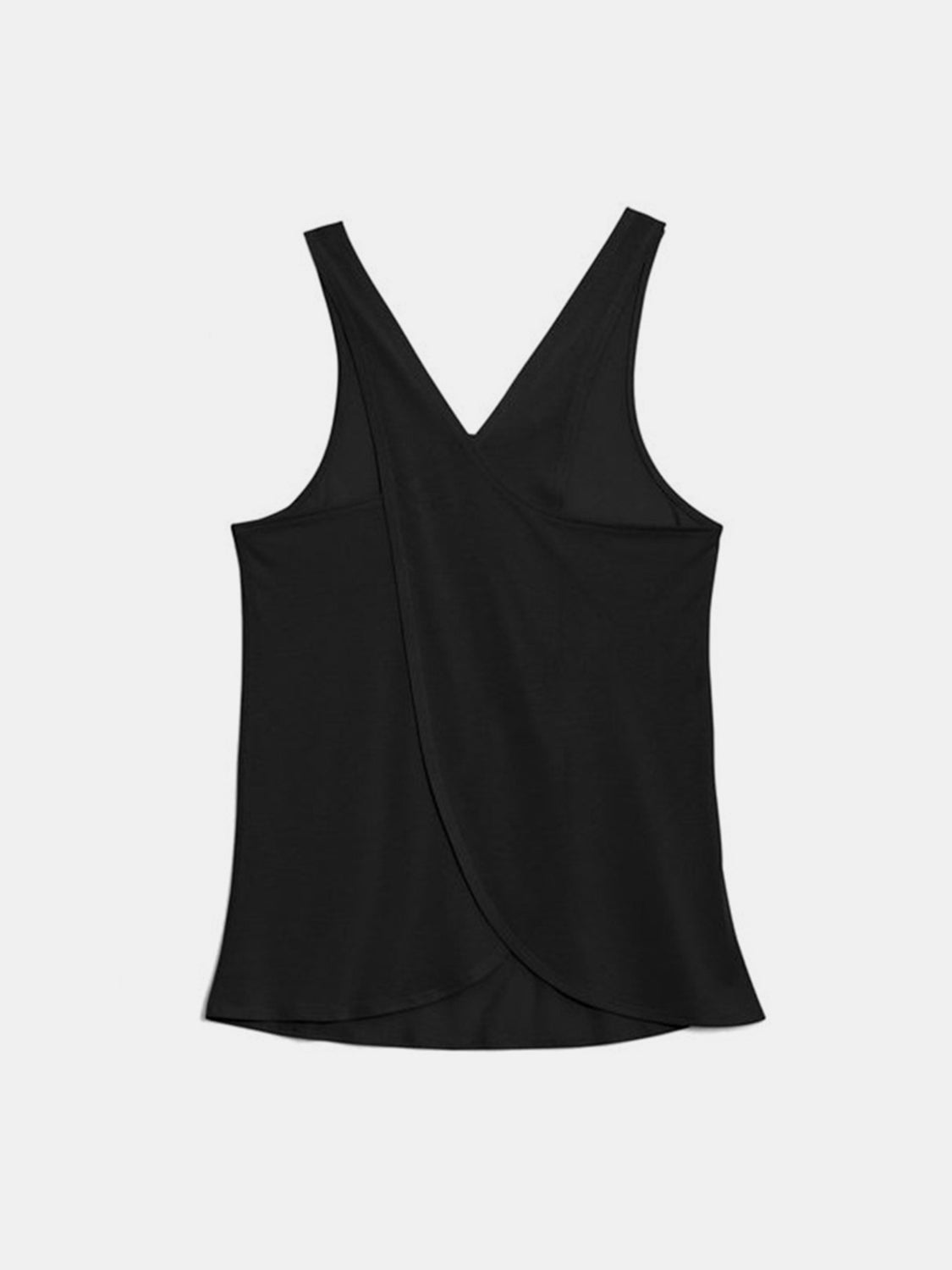 Black cross-back tank top with a V-neck and flowy hem