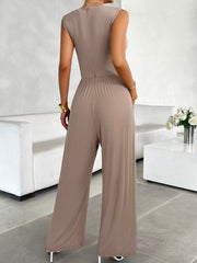 Mocha ribbed bodice wide leg jumpsuit with cap sleeves and a zipper back.