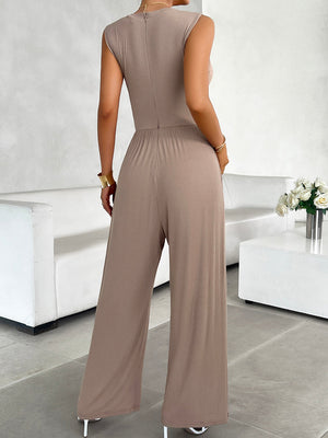 Mocha ribbed bodice wide leg jumpsuit with cap sleeves and a zipper back.