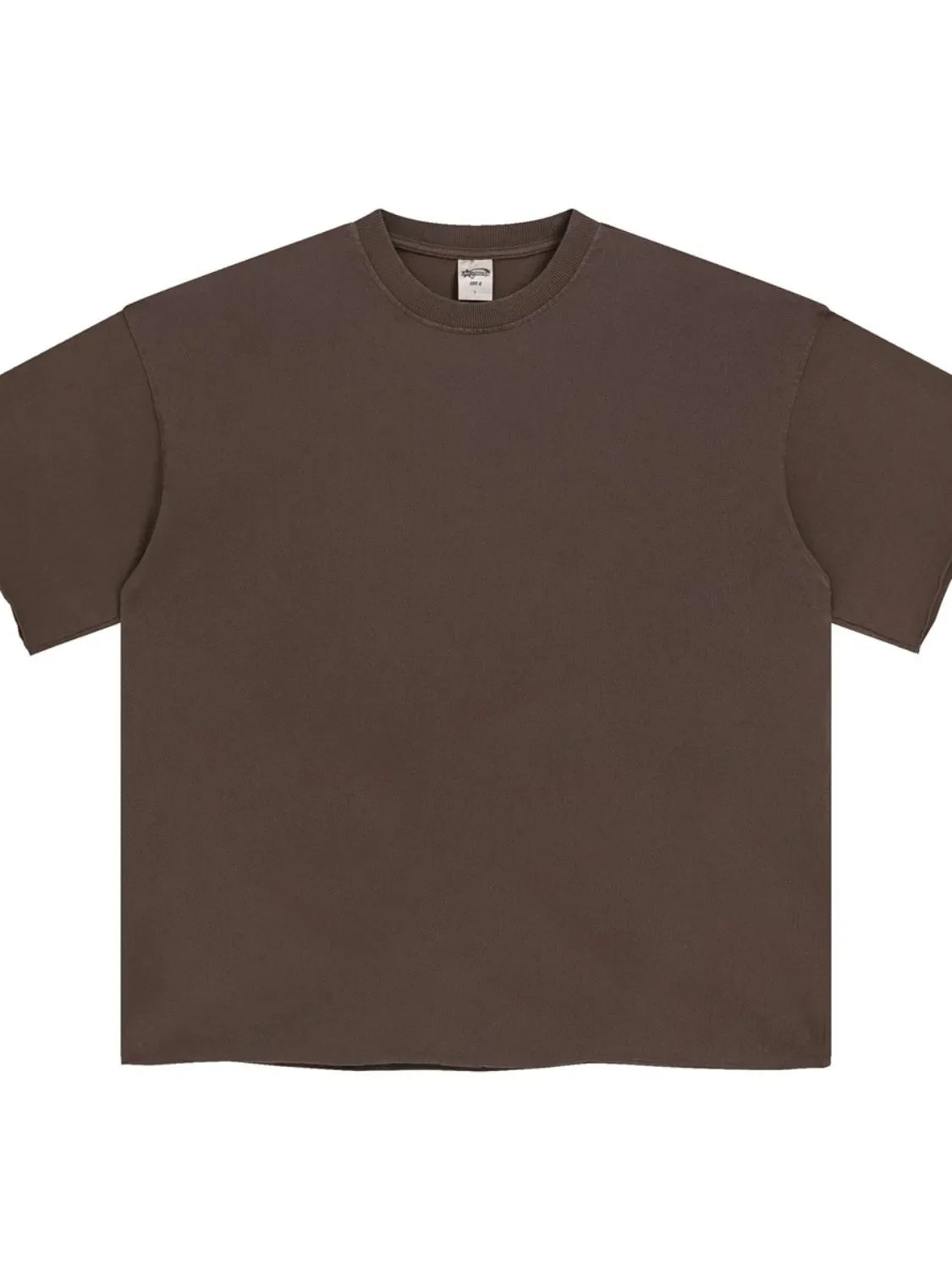 Raw-edge boxy tee in coffee brown with a relaxed fit and crew neck.