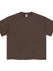 Raw-edge boxy tee in coffee brown with a relaxed fit and crew neck.